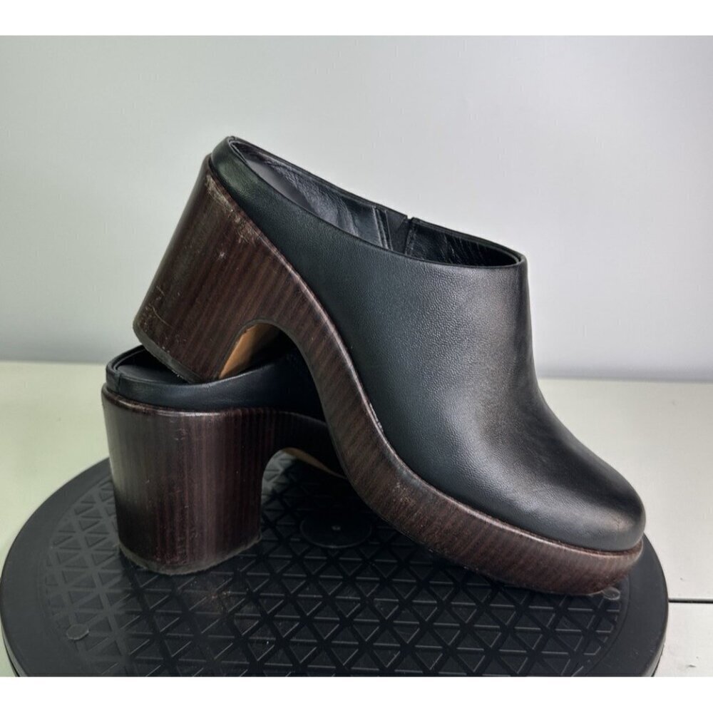 VINCE Womens Navina Platform Clog Leather Mule US 6M Black Slip Wood 70s Retro